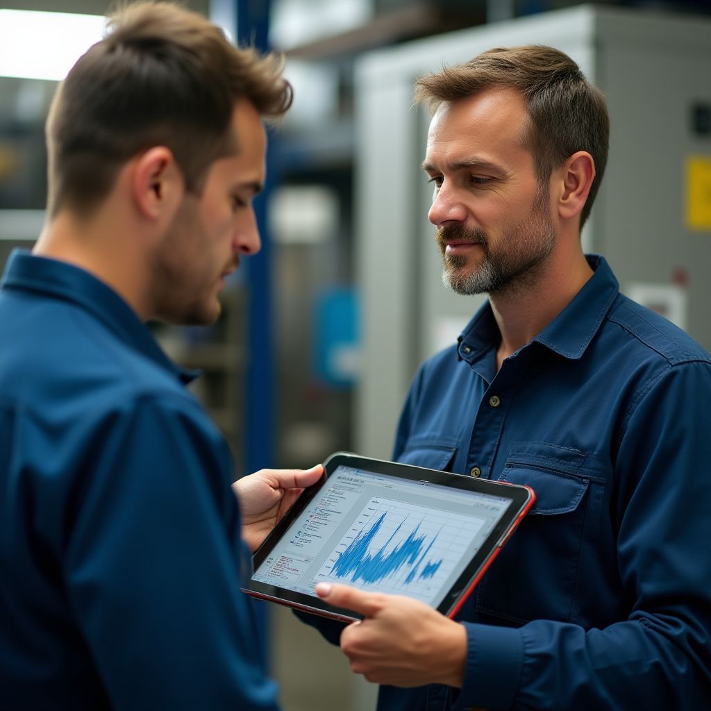 Técnico explicando un diagnóstico a un cliente con una tablet.