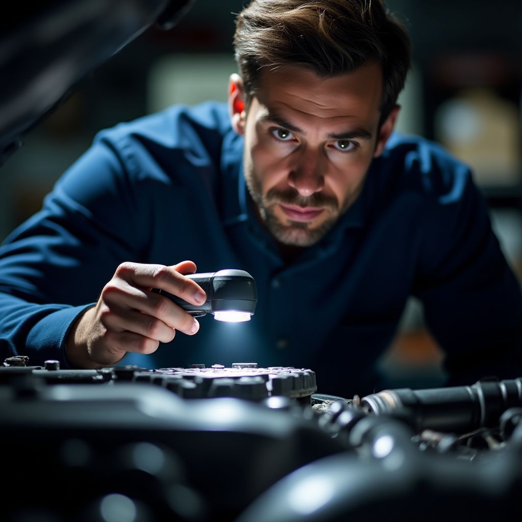 Mecánico inspeccionando un motor con cuidado.