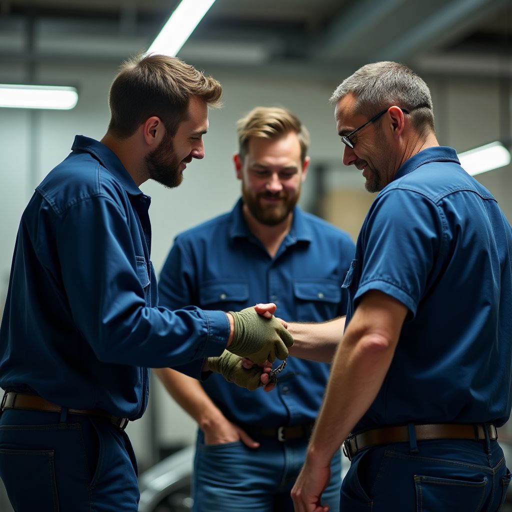 Equipo de mecánicos discutiendo un plan de reparación.